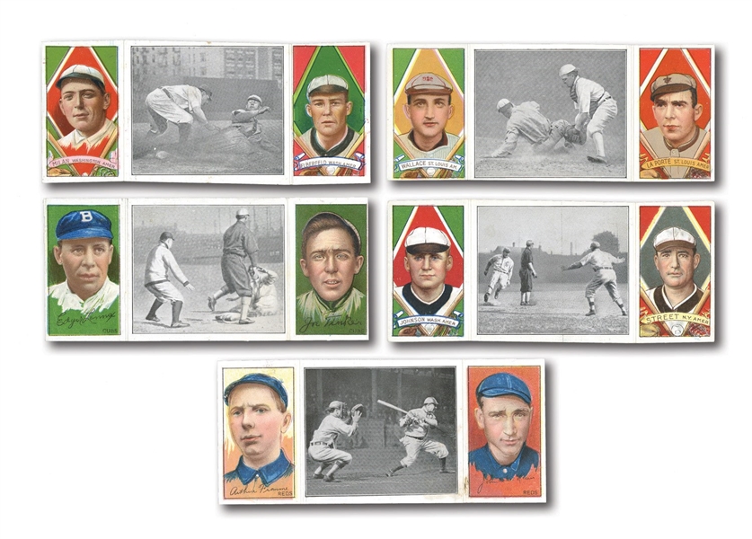 1912 T202 HASSAN TRIPLE FOLDERS LOT OF (5) MISCUT OR TRIMMED INCL. WALTER JOHNSON/CHAS. STREET “BIRMINGHAM GETS TO THIRD”