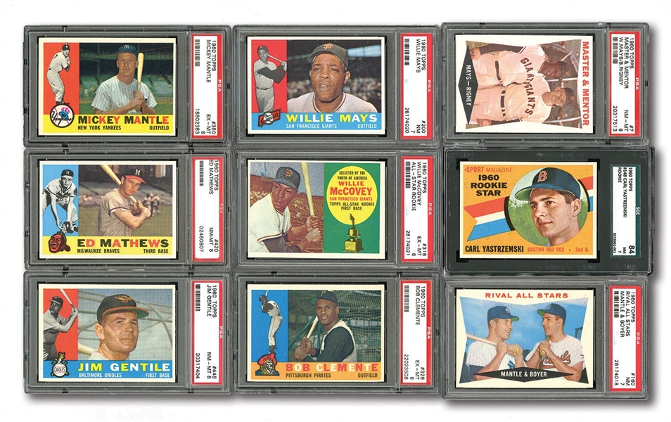 1960 TOPPS BASEBALL COMPLETE SET OF (572) INCL. 68 GRADED INCL. #350 MANTLE PSA EX-MT 6 AND #148 YAZ SGC 84