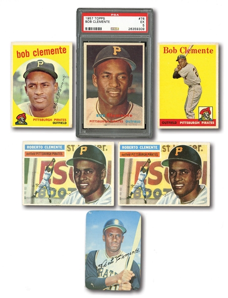 LOT OF (29) ROBERTO CLEMENTE CARDS INCL. 1956 TOPPS (2), 1957 TOPPS #76 PSA EX 5, 1958 TOPPS, ETC.