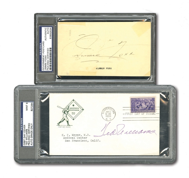 JIMMIE FOXX SIGNED GPC AND TED WILLIAMS SIGNED FIRST DAY COVER - BOTH PSA/DNA ENCAPSULATED, WILLIAMS GRADED MINT 9