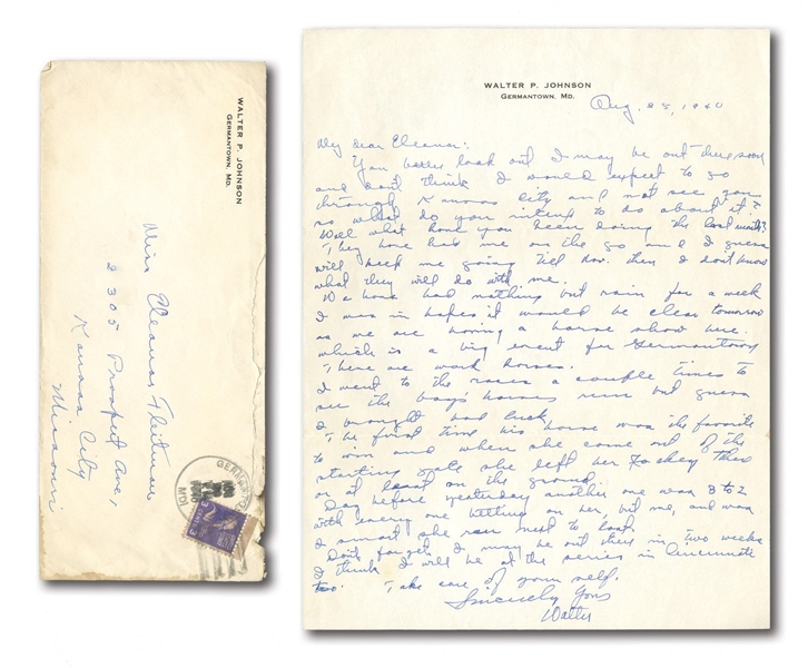 8/25/1940 WALTER JOHNSON HANDWRITTEN & SIGNED ONE PAGE LETTER WITH RETURN ENVELOPE