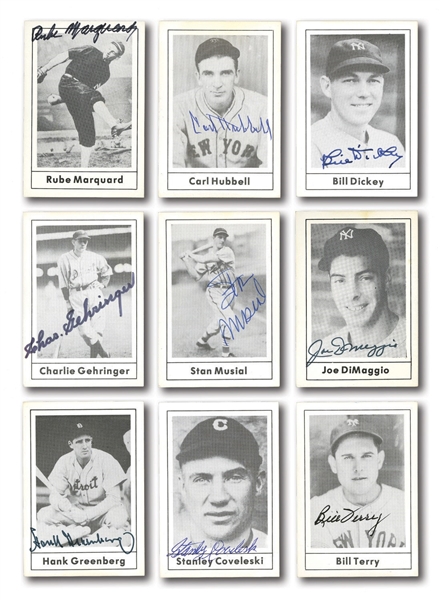 LOT OF (47) HALL OF FAME LEGENDS AUTOGRAPHED CARDS INCL. DIMAGGIO, GREENBERG, STENGEL, TERRY, MUSIAL, ETC.