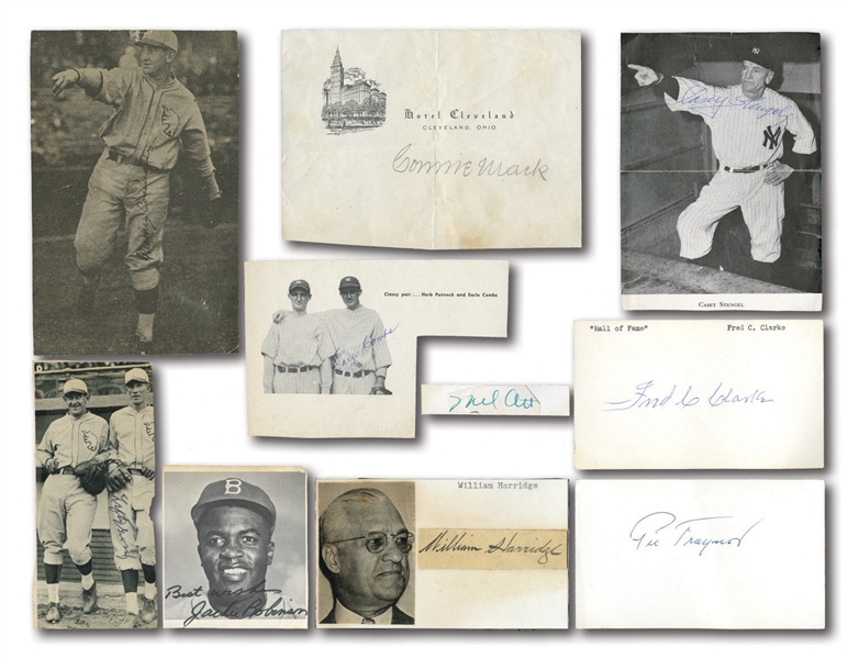 LOT OF (9) HOFER CUT SIGNATURES, INDEX CARDS AND PRINTED IMAGES FROM PUBLICATIONS INCL. MEL OTT, JACKIE ROBINSON, MICKEY COCHRANE, ETC.