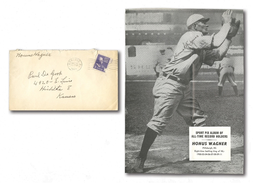 HONUS WAGNER AUTOGRAPHED PRINTED MAGAZINE PHOTO WITH TRANSMITTAL ENVELOPE SIGNED AND ADDRESSED BY WAGNER (DEGOOD COLLECTION)