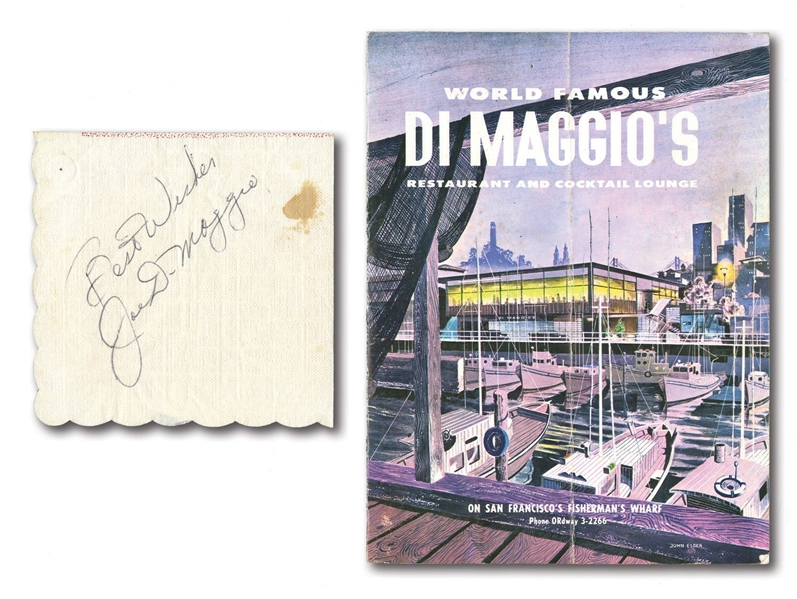 JOE DIMAGGIO C. 1950 AUTOGRAPHED COCKTAIL NAPKIN AND MENU (UNSIGNED) FROM DIMAGGIOS RESTAURANT (DEGOOD COLLECTION)