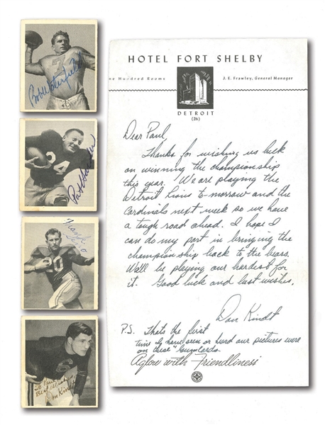 LOT OF (4) AUTOGRAPHED 1948 BOWMAN FOOTBALL CARDS INCL. BOB WATERFIELD, PAT HARDER, FRANK SENO AND DON KINDT PLUS RELATED LETTER FROM KINDT W/ FASCINATING DETROIT LIONS CONTENT (DEGOOD COLLECTION)