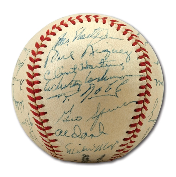 1951 NEW YORK GIANTS NL CHAMPION ("SHOT HEARD ROUND WORLD") TEAM SIGNED ONL (FRICK) BASEBALL WITH ROOKIE WILLIE MAYS