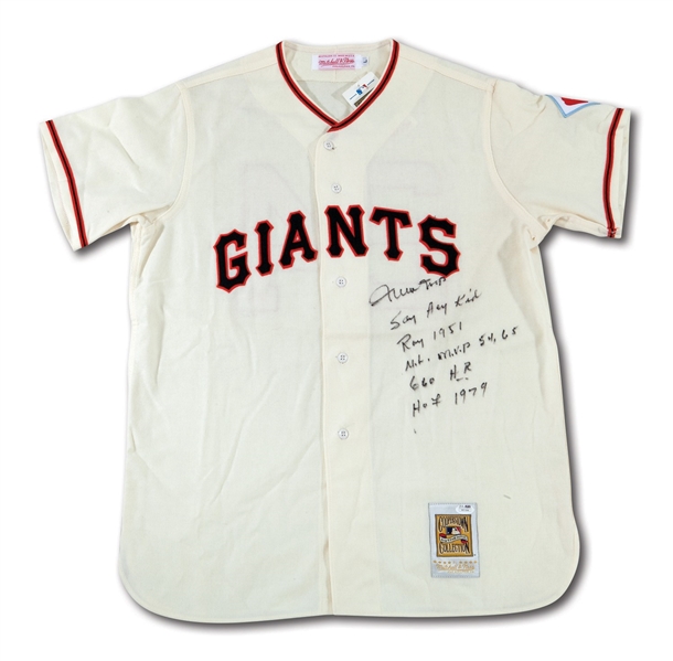 WILLIE MAYS SIGNED & STATS INSCRIBED 1951 NEW YORK GIANTS MITCHELL & NESS REPLICA HOME JERSEY