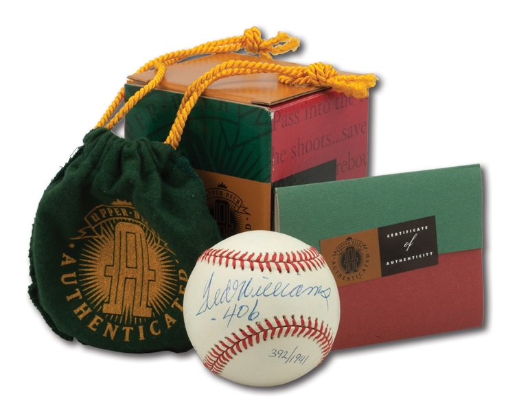 TED WILLIAMS SINGLE SIGNED & INSCRIBED “.406” BASEBALL (LE 392/1941) IN ORIGINAL UPPER DECK AUTHENTICATED BAG AND BOX (UDA)