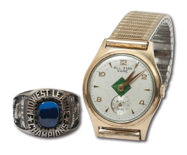 GENE OLIVERS 1961 PCL ALL-STAR GAME WATCH AND 1979 MIDWEST LEAGUE CHAMPIONS RING