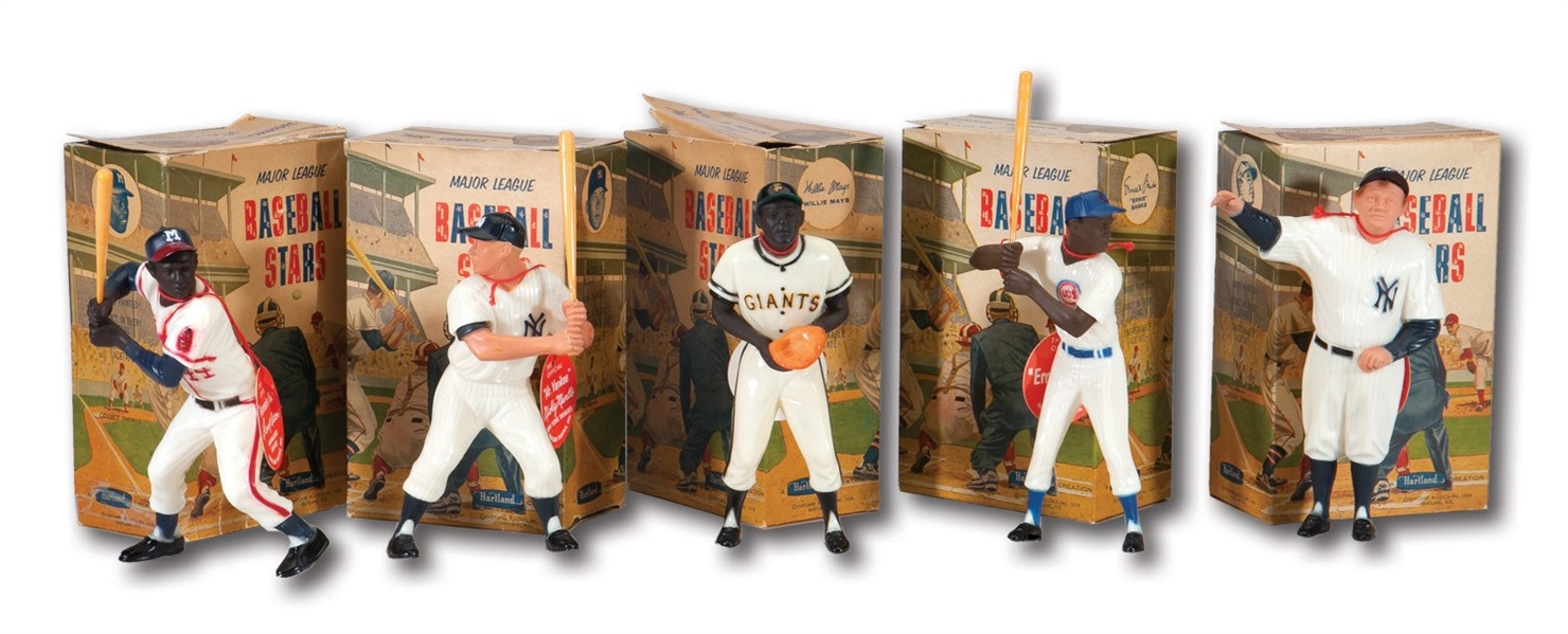 LOT OF (5) ORIGINAL 1958-62 HARTLAND STATUES WITH BOXES AND TAGS INCL. RUTH, MANTLE, MAYS, AARON, AND BANKS