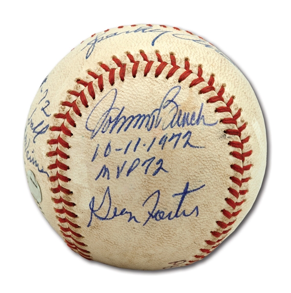 10/11/1972 NLCS GAME 5 (REDS 4-3 VICTORY OVER PIRATES) USED BASEBALL SIGNED & INSCRIBED BY SPARKY ANDERSON, BENCH, FOSTER, PEREZ & ROSE (MEARS)