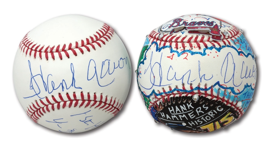 HANK AARON SIGNED CHARLES FAZZINO HAND-PAINTED POP ART BASEBALL PLUS AARON SIGNED & INSCRIBED "1ST HR 4-23-54" BALL (STEINER, MLB AUTH.)