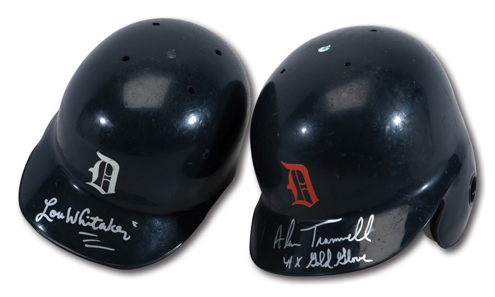 LATE 1980S - EARLY 1990S ALAN TRAMMELL (ROAD) AND LOU WHITAKER (HOME) PAIR OF DETROIT TIGERS GAME USED & SIGNED BATTING HELMETS
