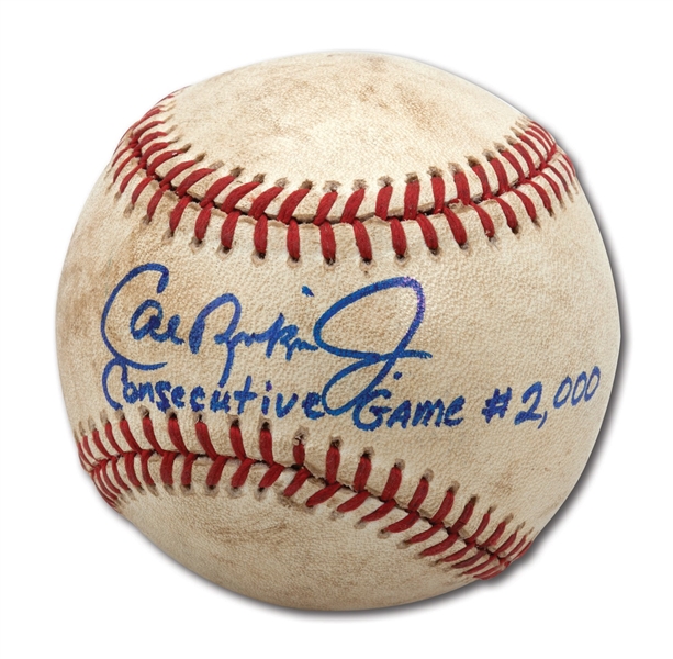 8/1/1994 CAL RIPKEN JR. GAME USED & SIGNED OAL (BROWN) BASEBALL ATTRIBUTED TO HIS 2,000TH CONSECUTIVE GAME