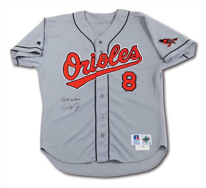1995 CAL RIPKEN SIGNED BALTIMORE ORIOLES GAME WORN ROAD JERSEY FROM RECORD-BREAKING 2131 CONS. GAMES SEASON (MLB SOURCE PROVENANCE)