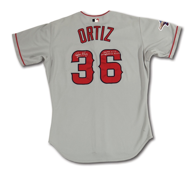 RAMON ORTIZS 2002 ANAHEIM ANGELS WORLD SERIES GAME 3 WORN, SIGNED & INSCRIBED JERSEY - STARTED AND WON AT S.F. GIANTS (ORTIZ LOA)