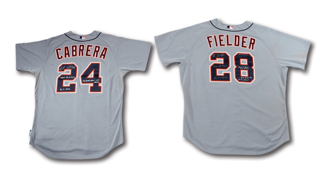 8/1/2012 MIGUEL CABRERA (TRIPLE CROWN SEASON) AND PRINCE FIELDER DETROIT TIGERS GAME WORN, SIGNED & INSCRIBED BACK-TO-BACK HOME RUN JERSEYS FROM 7-5 WIN @ BOS (PHOTO-MATCHED, MLB AUTH.)