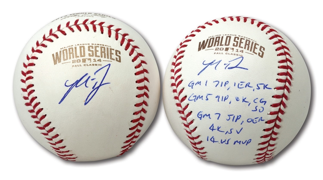 PAIR OF MADISON BUMGARNER SINGLE SIGNED OFFICIAL 2014 WORLD SERIES BASEBALLS - ONE INSCRIBED WITH FULL STATS (MLB AUTH.)