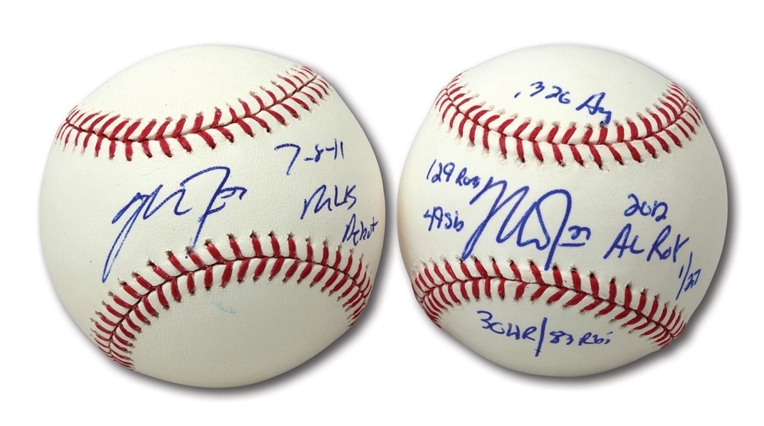PAIR OF MIKE TROUT SINGLE SIGNED & INSCRIBED BASEBALLS - "7-8-11 MLB DEBUT" AND 2012 ROY STATS BALL (MLB AUTH.)