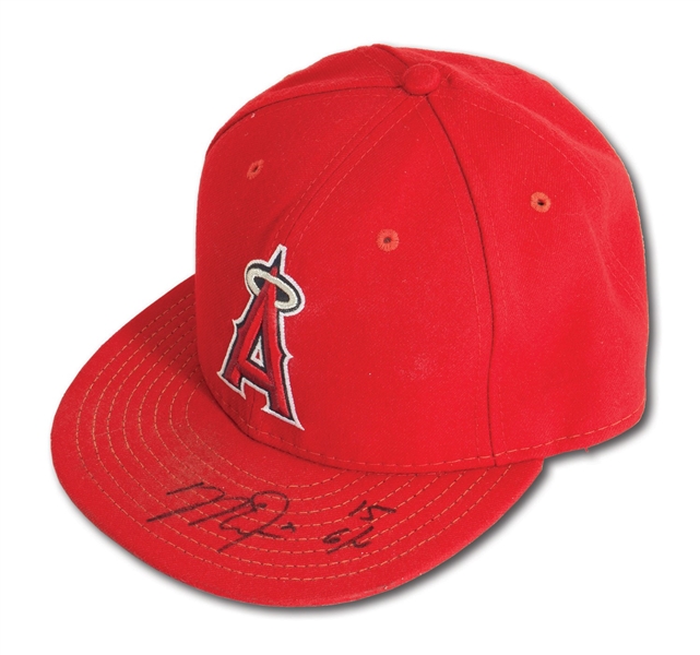 2015 MIKE TROUT SIGNED & INSCRIBED LOS ANGELES ANGELS GAME WORN CAP (ANDERSON AUTHENTICS)