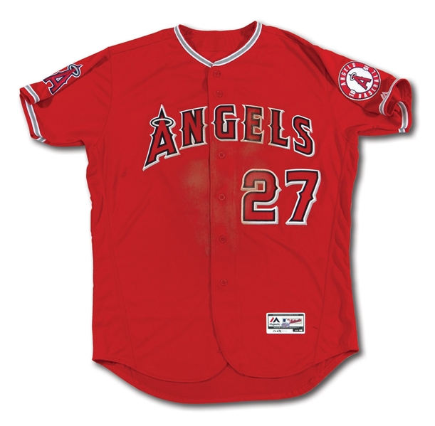 6/15/2016 MIKE TROUT SIGNED & INSCRIBED LOS ANGELES ANGELS MVP SEASON GAME WORN HOME ALTERNATE JERSEY LOADED WITH DIRT! (PHOTO-MATCHED, MLB AUTH.)