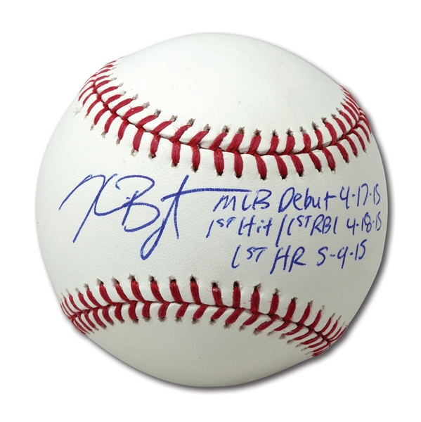 KRIS BRYANT SINGLE SIGNED BASEBALL (LE 17/17) INSCRIBED WITH 2015 ROOKIE MILESTONES (FANATICS, MLB AUTH.)