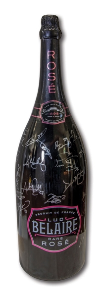ENORMOUS 2016 WORLD CHAMPION CHICAGO CUBS TEAM SIGNED UNOPENED METHUSELAH (6 LITERS) BOTTLE OF LUC BELARE ROSE CHAMPAGNE (KERRY WOOD FAMILY FOUNDATION SOURCED)