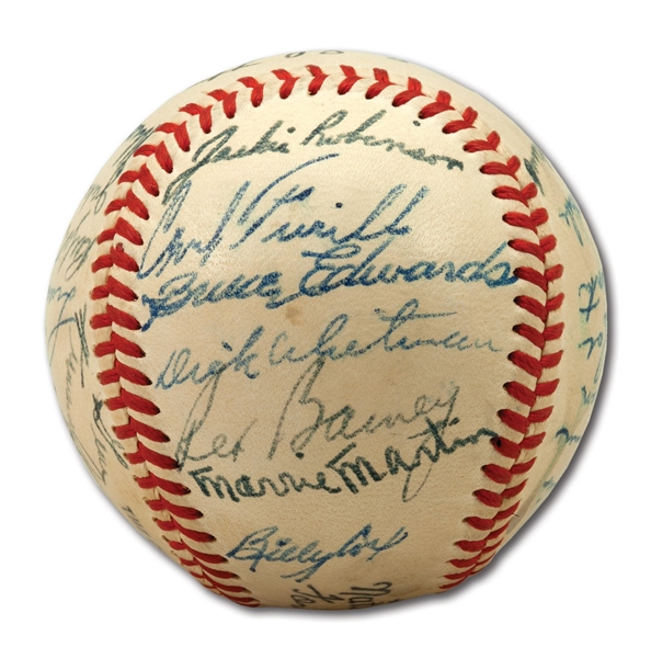 1949 BROOKLYN DODGERS NATIONAL LEAGUE CHAMPION TEAM SIGNED ONL (FRICK) BASEBALL WITH JACKIE & CAMPY - PSA/DNA NM 7