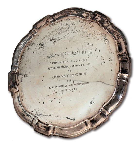 1956 JOHNNY PODRES SPORTS LODGE BNAI BRITH STERLING SILVER AWARD PLATTER