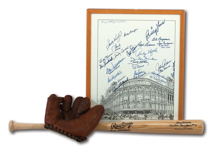 BROOKLYN DODGER GREATS MULTI-SIGNED EBBETS FIELD PRINT PLUS DUKE SNIDER SIGNED BAT AND PEE WEE REESE SIGNED VINTAGE GLOVE