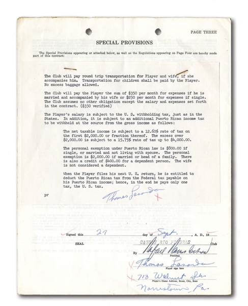 1956-57 TOMMY LASORDA SIGNED PUERTO RICAN LEAGUE CONTRACT WITH ADDITIONAL SIGNED CLAUSE ATTACHMENT