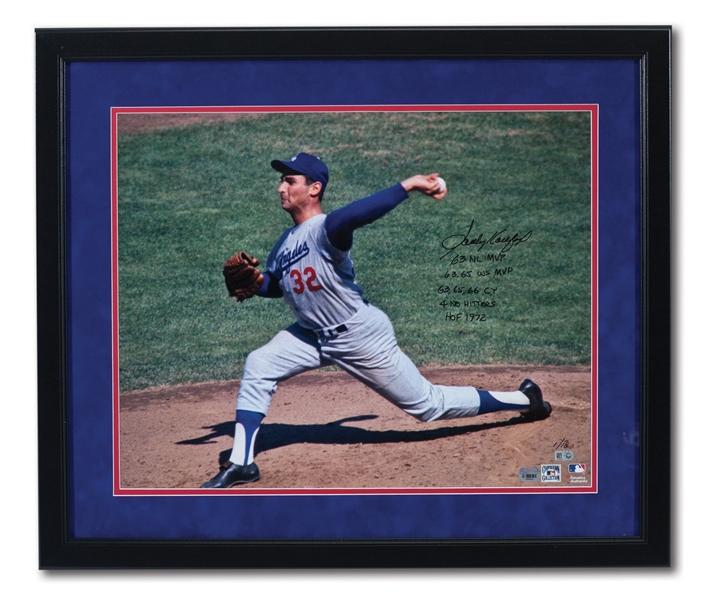 SANDY KOUFAX SINGLE SIGNED & INSCRIBED STATS BASEBALL AND SIGNED & INSCRIBED 16 X 20 PHOTO PAIR (FANATICS, MLB AUTH.)