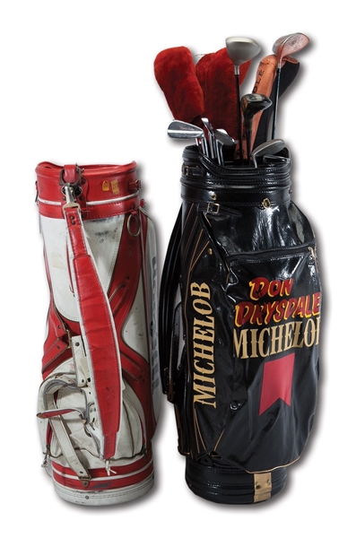 DON DRYSDALES PAIR OF 1980S PERSONAL MODEL GOLF BAGS WITH NEAR SET OF CLUBS (DRYSDALE COLLECTION)