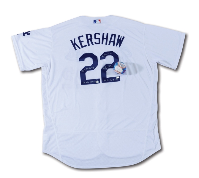CLAYTON KERSHAW SIGNED CHARLES FAZZINO (1/1) HAND-PAINTED POP ART BASEBALL PLUS SIGNED & INSCRIBED L.A. DODGERS LIMITED EDITION (2/6) STATS JERSEY (STEINER, FANATICS, MLB AUTH.)