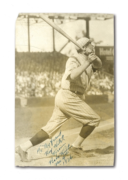 1926 BABE RUTH AUTOGRAPHED AND INSCRIBED PHOTOGRAPH WITH CHRISTY WALSH SYNDICATE STAMP ON VERSO
