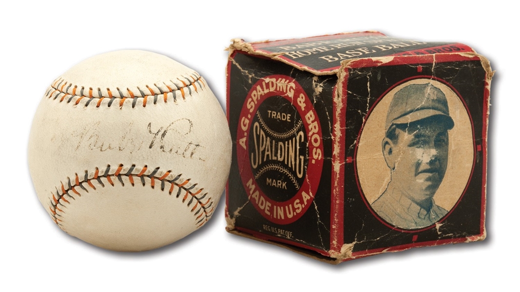 C.1930 BABE RUTH SINGLE SIGNED BABE RUTH HOME RUN SPECIAL BASEBALL WITH ORIGINAL BOX