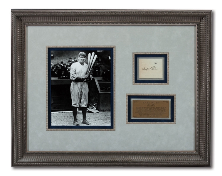 BABE RUTH CUT SIGNATURE DISPLAY WITH ELOQUENT BIO NAMEPLATE IN LOVELY FRAME