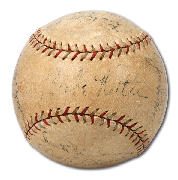 1930S NEW YORK YANKEES MULTI-SIGNED OFFICIAL LEAGUE BASEBALL W/ 11 AUTOGRAPHS INCL. RUTH, GEHRIG & DIMAGGIO PLUS HANK GREENBERG