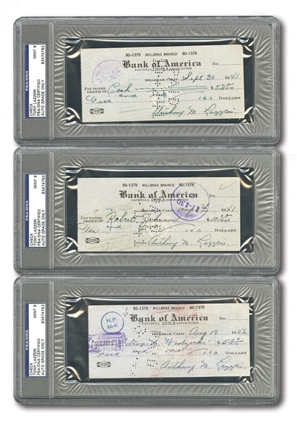1941-43 TONY LAZZERI LOT OF (7) SIGNED PERSONAL CHECKS - ALL PSA/DNA ENCAPSULATED WITH THREE MINT 9
