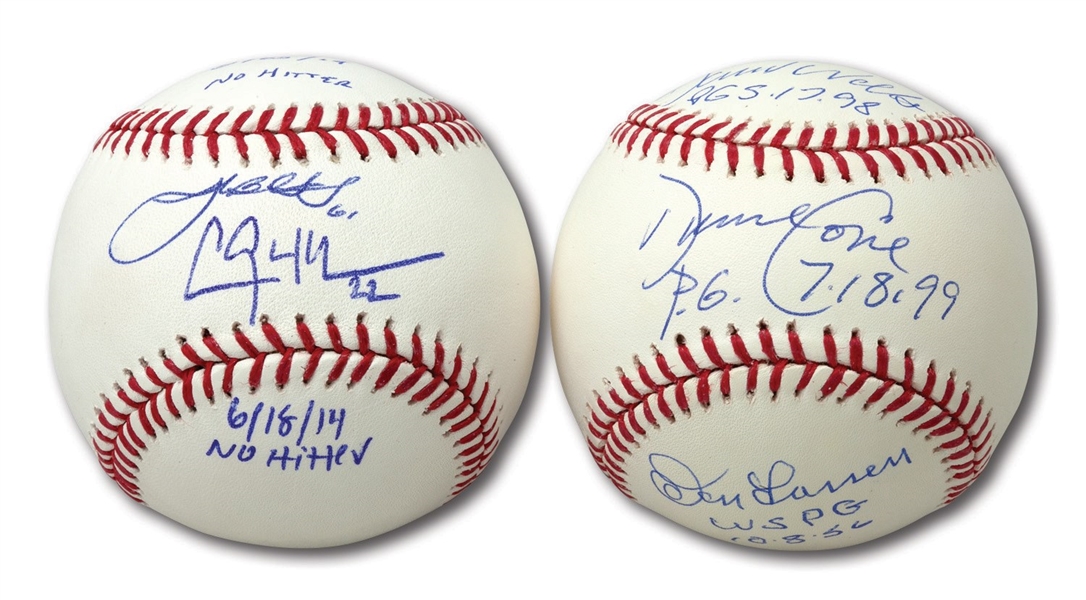 LARSEN/WELLS/CONE SIGNED & INSCRIBED PERFECT GAME BASEBALL (STEINER) AND KERSHAW/BECKETT SIGNED & INSCRIBED NO-HITTER BALL (FANATICS, MLB AUTH.)