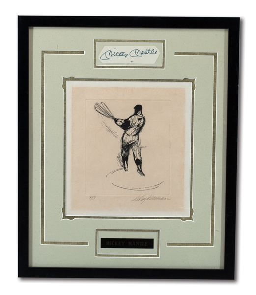 MICKEY MANTLE CUT SIGNATURE DISPLAY WITH LEROY NEIMAN SIGNED ARTIST PROOF (XIV) SKETCH OF MANTLE ON DECK
