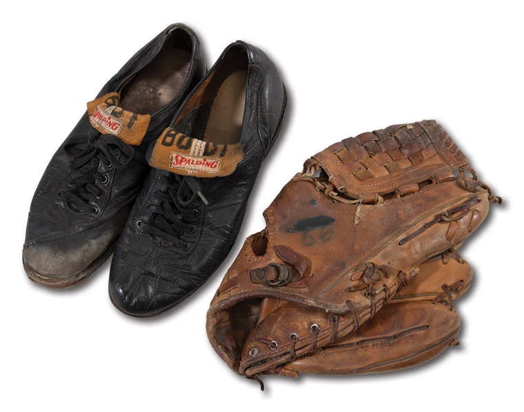 JIM BOUTONS MID-LATE CAREER GAME USED GLOVE AND GAME USED SPIKES (BOUTON LOA)