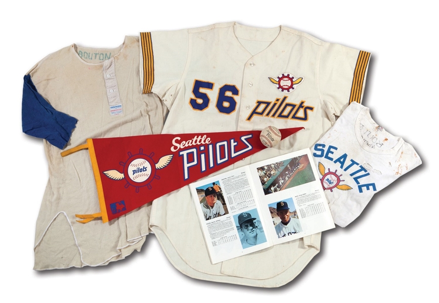 JIM BOUTONS PERSONAL COLLECTION OF 1969 SEATTLE PILOTS MEMORABILIA INCL. GAME AND PRACTICE WORN ITEMS AND EPHEMERA (BOUTON LOA)