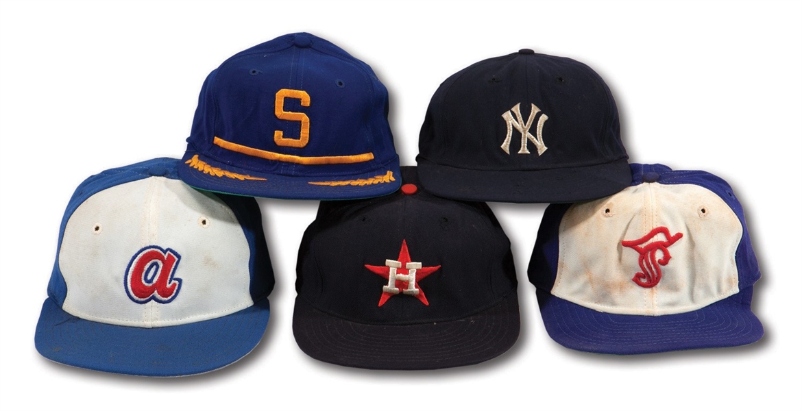 JIM BOUTONS 1963-78 COLLECTION OF (5) GAME WORN HATS REPRESENTING THE ARC OF HIS PROFESSIONAL BASEBALL CAREER (BOUTON LOA)