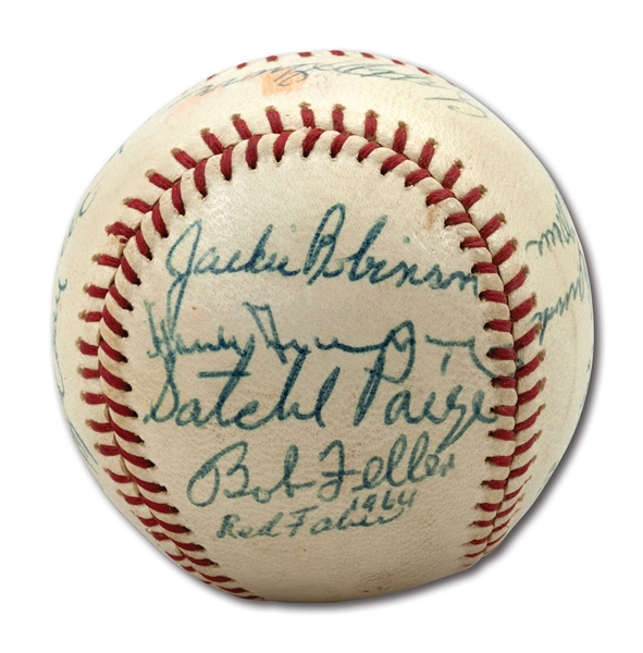 1960S HALL OF FAMER AND SUPERSTAR MULTI-SIGNED BASEBALL INCL. JACKIE ROBINSON, SATCHEL PAIGE, DIZZY DEAN, LEFTY GROVE AND OTHERS FROM JIM BOUTON COLLECTION (BOUTON LOA)