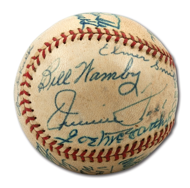 1960S HALL OF FAMER AND SUPERSTAR MULTI-SIGNED BASEBALL INCL. JIMMIE FOXX, JOE DIMAGGIO, JOE MCCARTHY, JOE WOOD, LEFTY GROVE AND OTHERS FROM JIM BOUTON COLLECTION (BOUTON LOA)
