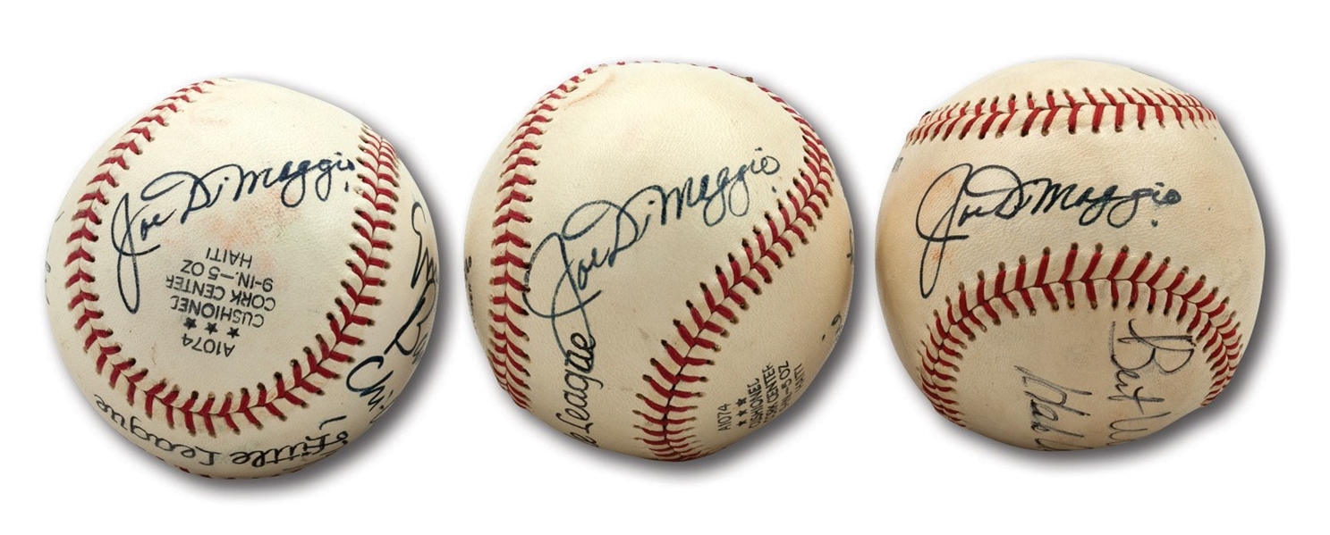 JOE DIMAGGIO, HANK AARON AND ERNIE BANKS MULTI-SIGNED TRIO OF BASEBALLS FROM JIM BOUTON COLLECTION (BOUTON LOA)