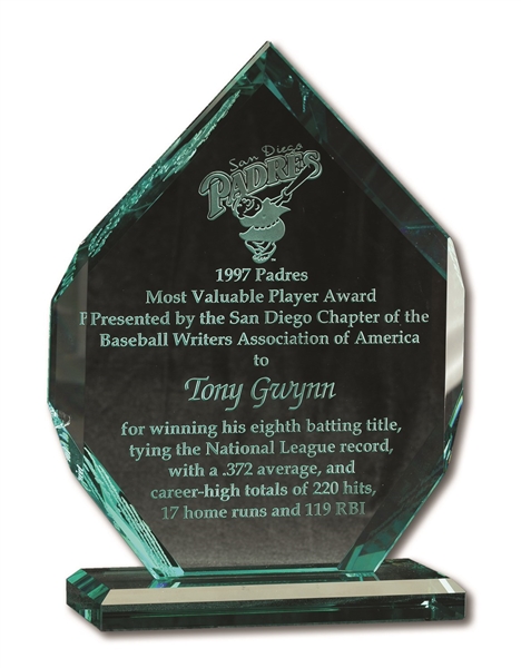 TONY GWYNNS 1997 SAN DIEGO PADRES MOST VALUABLE PLAYER AWARD PRESENTED BY SD CHAPTER OF BBWAA (GWYNN COLLECTION)