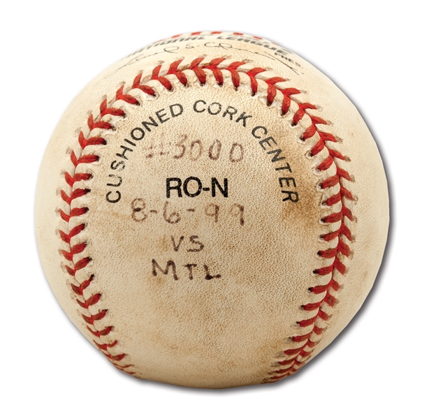 TONY GWYNNS AUGUST 6, 1999 GAME USED & NOTATED 3,000TH CAREER HIT BASEBALL (GWYNN COLLECTION)